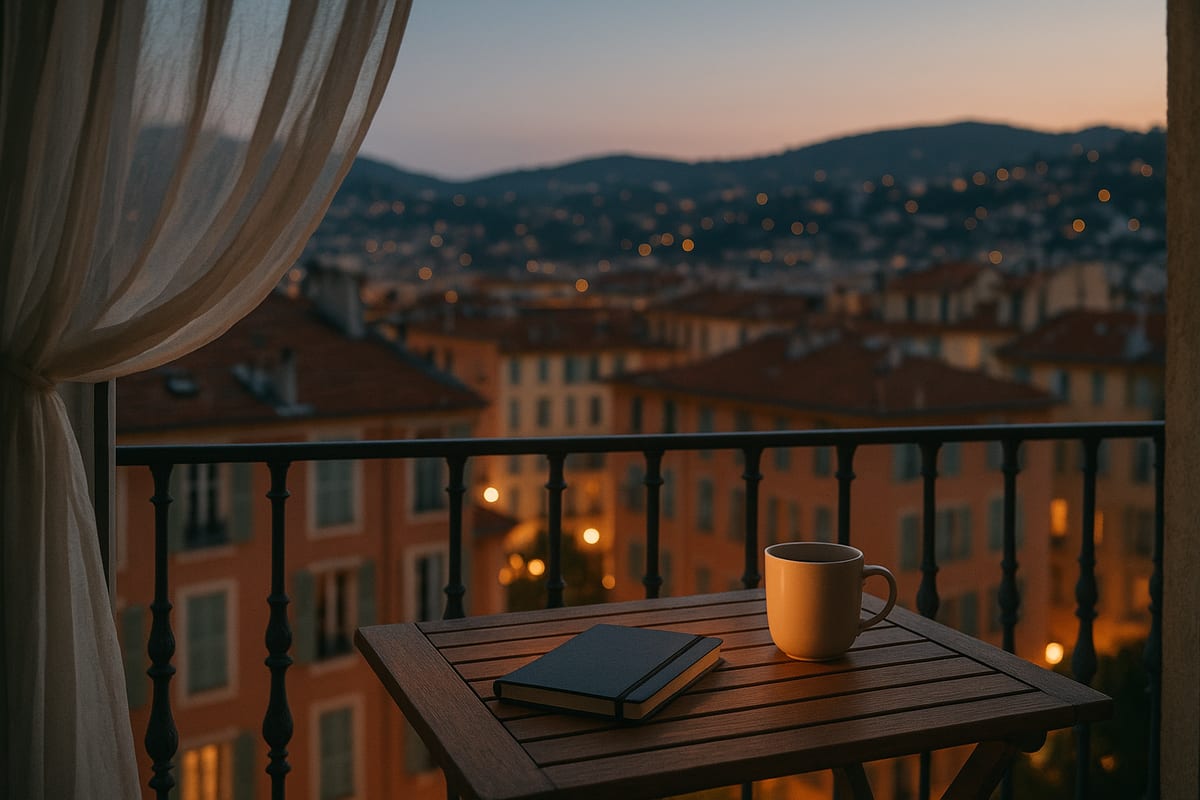 Balcon niçois au crépuscule avec vue sur les toits