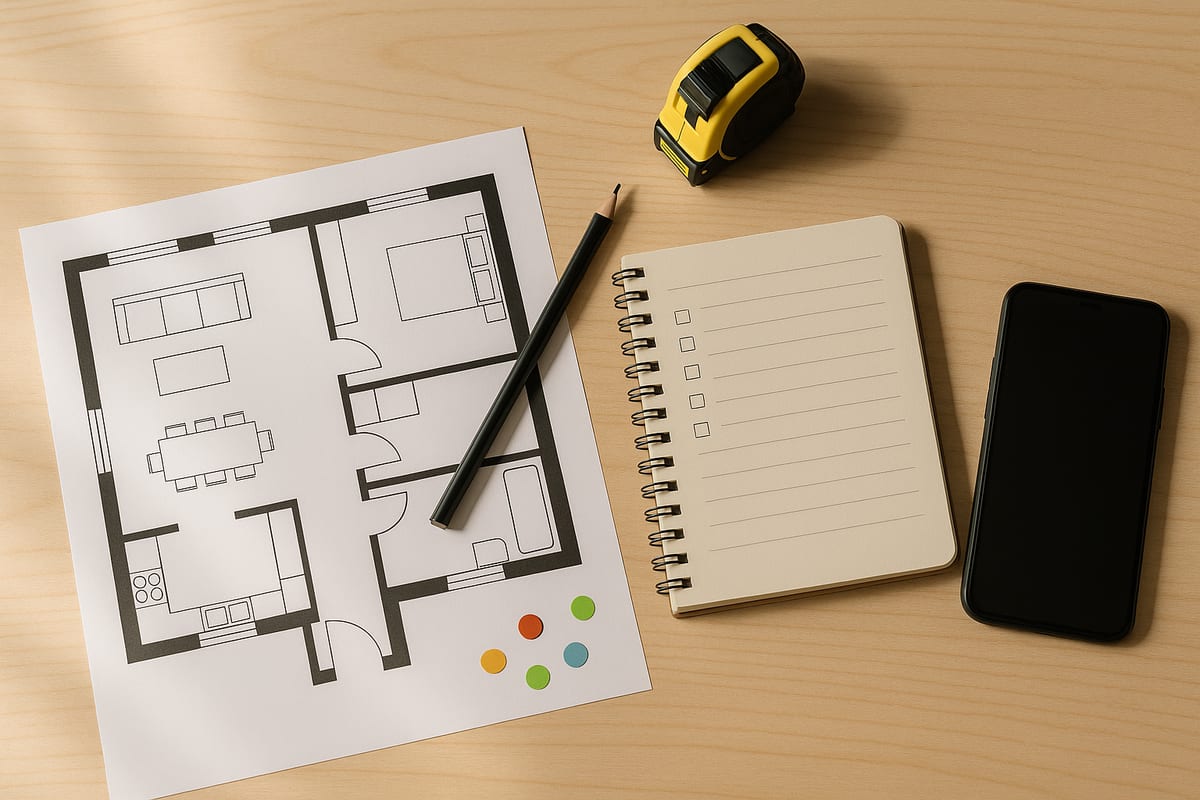 Flat-lay d’un plan d’appartement et d’outils de prise de notes