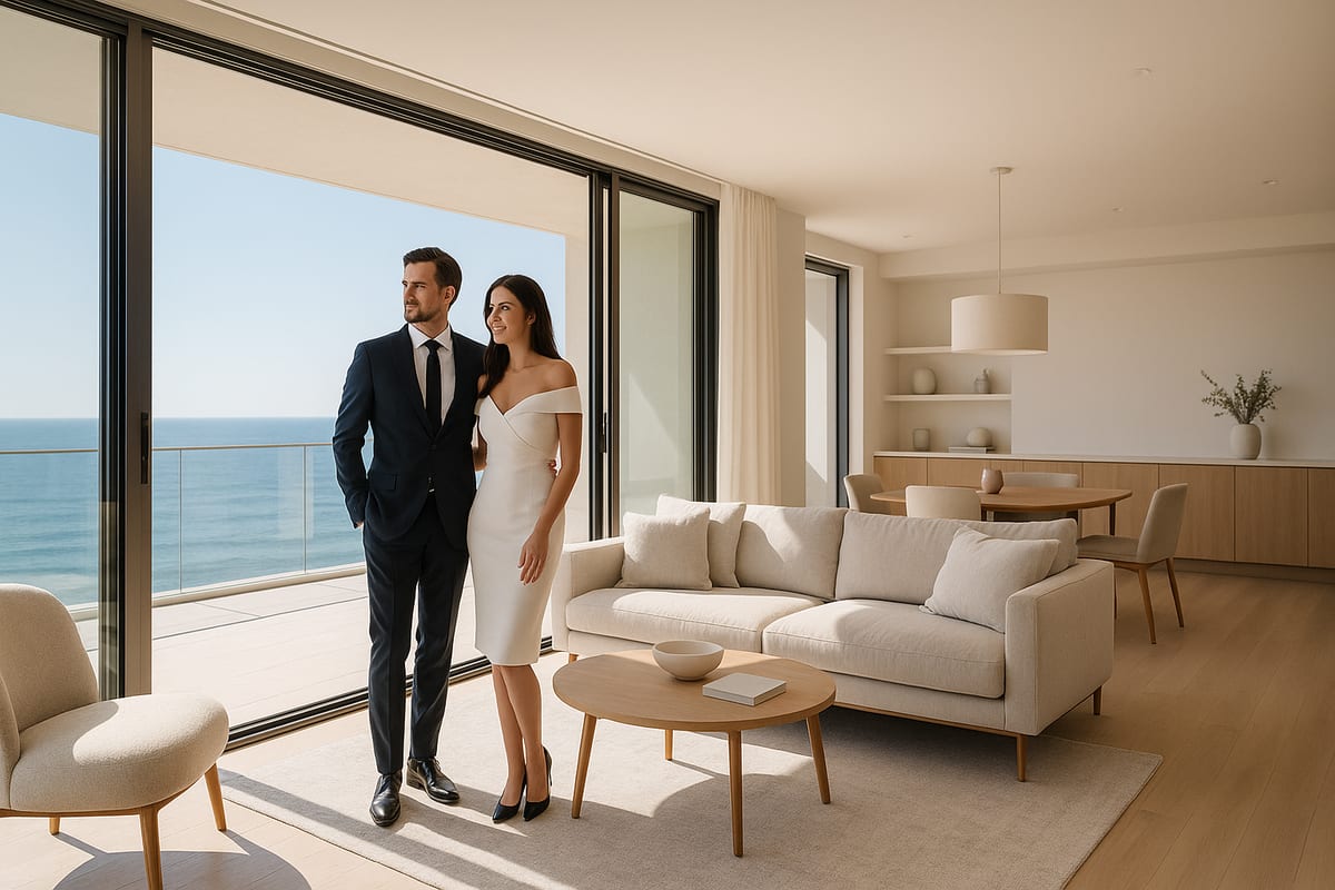 Couple élégant visitant un appartement lumineux avec vue mer